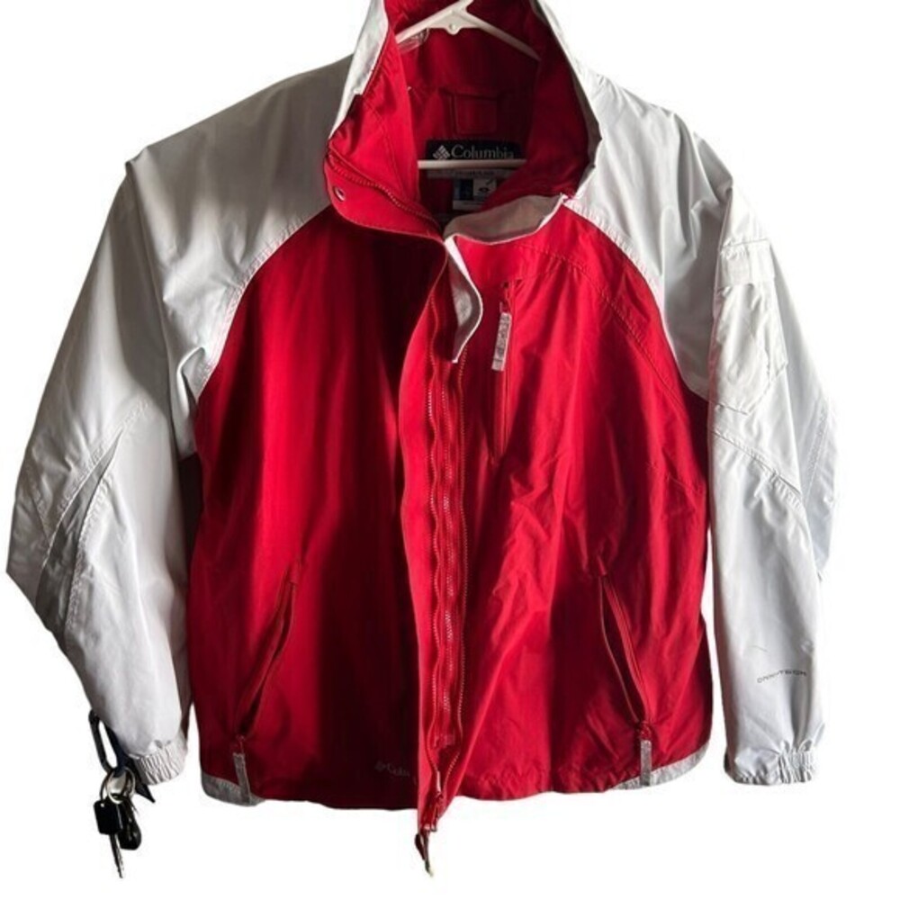 Columbia Womens Red White Colorblock Long Sleeve Collared Rain Coat‎ Jacket 1X